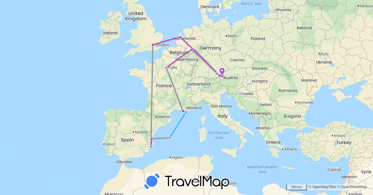 TravelMap itinerary: plane, train, boat in Germany, Spain, France, United Kingdom, Netherlands (Europe)